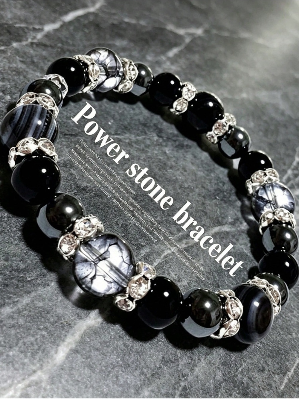 Black Power Stone Bracelet with Silver Accents